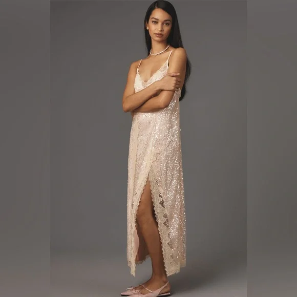 Anthropologie Sleeveless V-Neck Lace Sequin Slip Midi Dress Sz M Anthropologie Sleeveless V-Neck Lace Sequin Slip Midi Dress Sz M